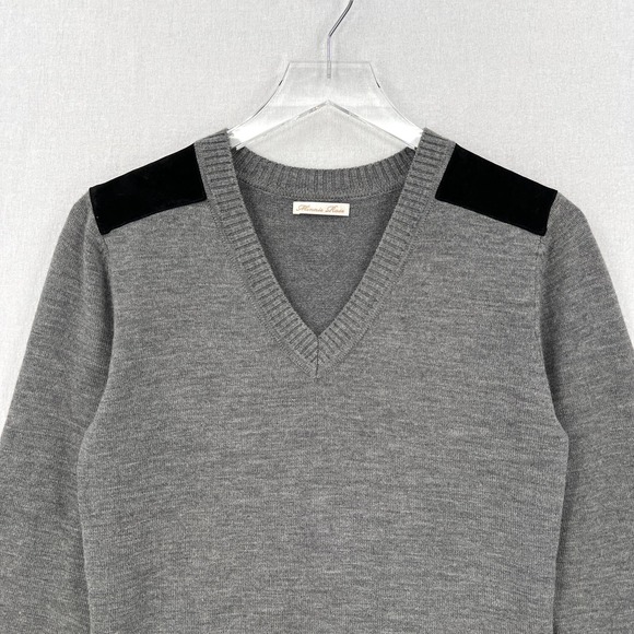 MINNIE ROSE Sweater Women S Gray Merino V-neck Long Sleeve Leather Elbow Patch - Picture 3 of 12